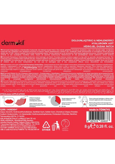 Dermokil Dolgunlaştırıcı Nemlendirici Hyaluronik Asit Hidrojel Patch Dudak Maskesi X 5 Adet