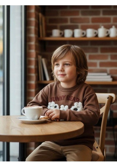 Zekids Erkek Çocuk Peluş Ayıcık İşlemeli Sweatshirt-16393 Kahverengi