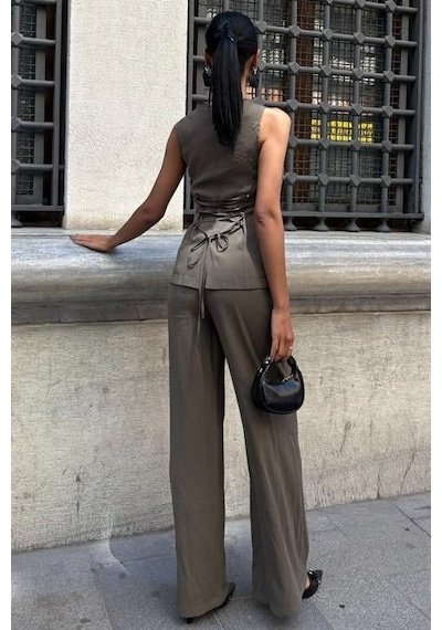 Moderie Butik Arkası Bağcıklı Yelek Plazza Pantolon Modal Takım 10202-08 Haki