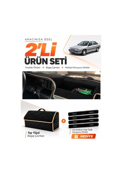 Renault 21 Manager 1990-1996 Uyumlu Torpido Örtüsü + Tay Tüyü Bagaj Çantası + Sticker - Siyah Bej