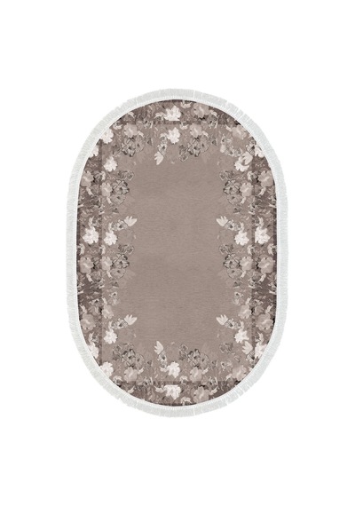 Dijital Baskılı Oval Salon Halısı Kaymaz Yıkanabilir Keçe Taban Saçaklı Çiçekli P1388 gri