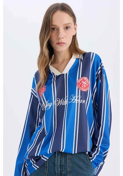 DeFacto Coool Oversize Geniş Kalıp Polo Yaka Baskılı Forma Kumaşı Uzun Kollu Tişört E5373AX25SPNV241