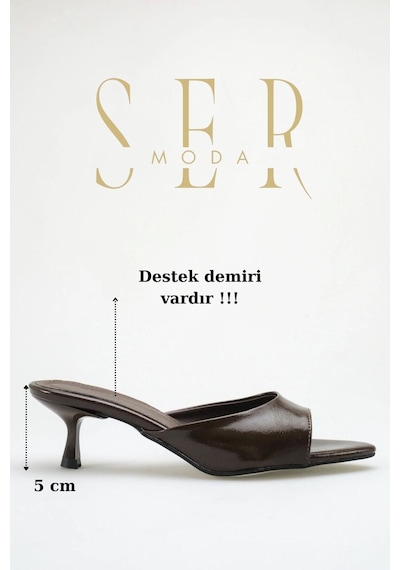 Sermoda Topuklu Kadın Terlik - 5 Cm İnce Topuklu Sivri Burun Kadın Terlik Kahve Yanki