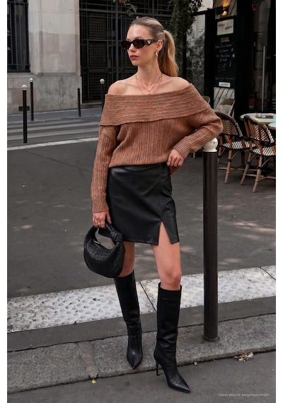 Lela Oversize Fit Madonna Yaka Triko Bayan Kazak 4615216 Camel