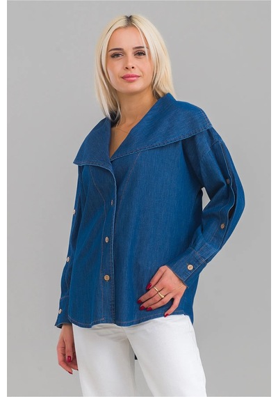 Bold & Young Kadın Pamuklu Denim Kumaş Kol Yırtmaç Düğmeli Büyü Yaka Kot Gömle Lacivert