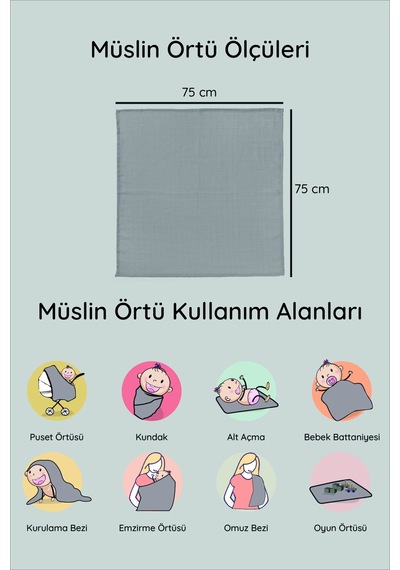 Luckka Dijital Baskılı 3'lü Müslin Örtü Seti - 75x75 Cm - Zt5000 Gri Gri
