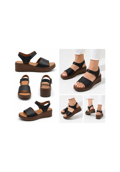 N Napa Shoe Np.1266.siyah Deri Napa Shoe Kadın Hakiki Deri Dolgu Topuk Sandalet Siyah