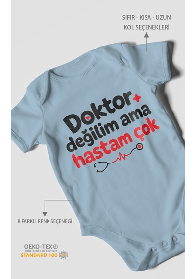 Morivokids Doktor Değilim Ama Hastam Çok Kısa Kollu Bebek Body %100 Pamuk Bebe Mavisi