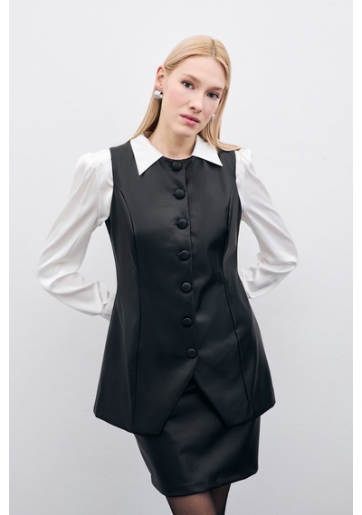 Sateen Uzun Deri Yelek - Siyah-135504 Siyah