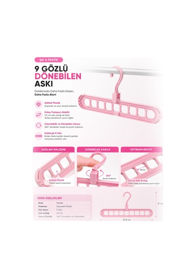 Pembe 9 Gözlü Döner Başlıklı Gömlek Tişört Askısı Yer Tasarruflu Dolap Organizeri 33,5 cm