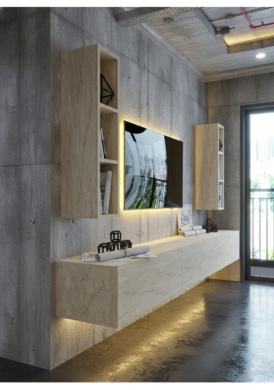Resital Ledli Duvara Monte Tv Sehpası - Traverten - W6007-8 Traverten