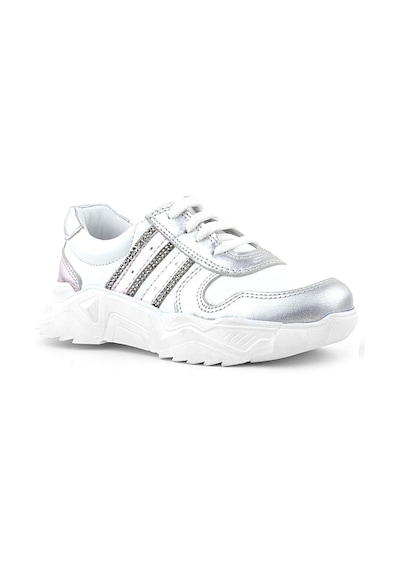 Rakerplus Hakiki Deri Gümüş Pembe Parlak Taşlı Kız Çocuk Sneakers Ayakkabı GÜMÜŞ