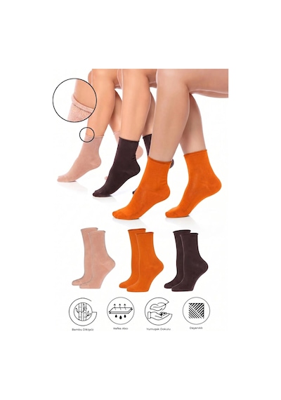 Saysez Bambu Kadın Lastiksiz Turuncu-kahverengi-bej Soket Dikişsiz Premium Çorap 3'lü Paket / İz Bırakmaz / Sıkmayan Çorap Çok Renkli