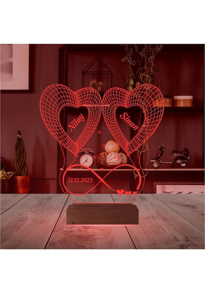 Luvivia 2 Kalp Sonsuzluk Sevgiliye Hediye Kişiye Özel 3d Lamba - Masa Gece Lambası V1