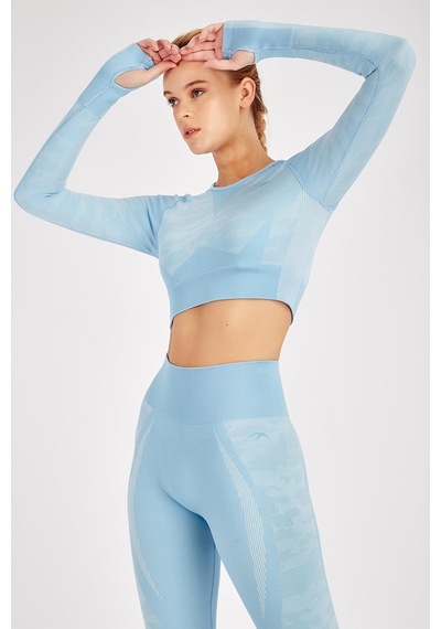 Maraton Active Slimfit Kadın Bisiklet Yaka Uzun Kol Fitness Mavi Crop Top 816013 Mavi