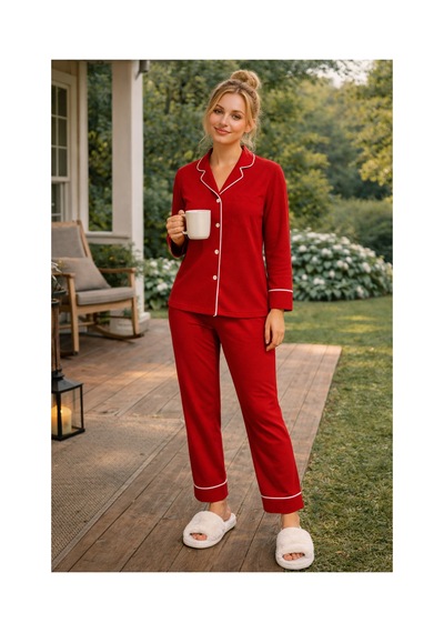 Rindahomewear Kadın Pamuklu Ara Biyeli Düğmeli Biyeli Pijama Takımı Kırmızı