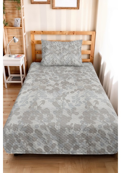Gri Botanik Tek Kişilik Pike Takımı-minimal Yaprak Antrasit Bej 160x220 Cm Kapitone Yatak Örtüsü Melez Kulübe Dengesi