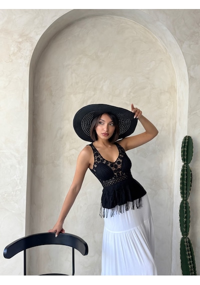 Verymoda Güpür Detaylı Askılı Bluz D2892 Siyah