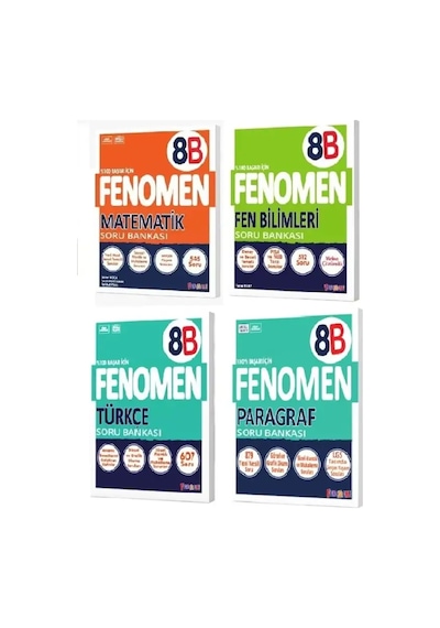 Fenomen Yayıncılık 8. Sınıf Matematik B - Fen Bilimleri B - Türkçe B - Paragraf B Soru Bankası Seti 4 Kitap