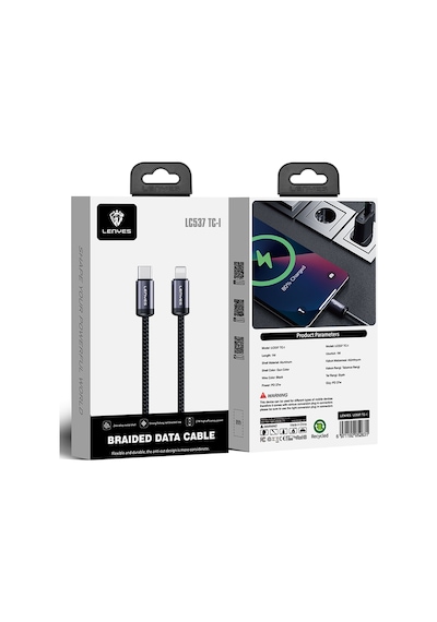 Lenyes Lc537 Type-c To Lightning Hızlı Şarj Özellikli Örgülü Data Ve Şarj Kablosu 27w 1m Siyah