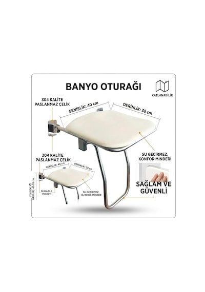 Katlanabilir Engelli Duş Oturağı - 304 Kalite Paslanmaz Çelik, Duvara Monte Yaşlı Ve Bedensel Engelli Banyo Taburesi, Duş Oturak Beyaz