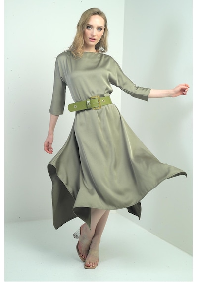By Saygı Kadın Çeyrek Kollu Beli Kemerli Asimetrik Krep Saten Midi Elbise-40625 Olive