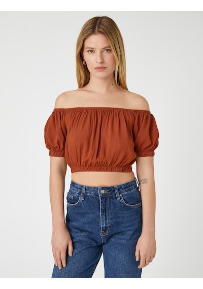 Koton Crop Bluz Omzu Açık Lastikli Kahverengi 3sak60010pw