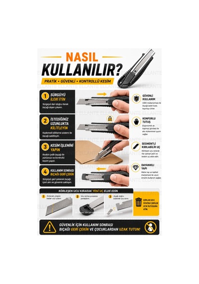 Profesyonel Maket Bıçağı 18 Mm Metal Raylı, Kırılabilir Çelik Uç, Kilitli Mekanizma, Ergonomik Fal