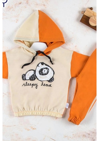 Veraura Lifestyle Panda Desenli Kapişonlu Erkek Bebek Takımı Turuncu