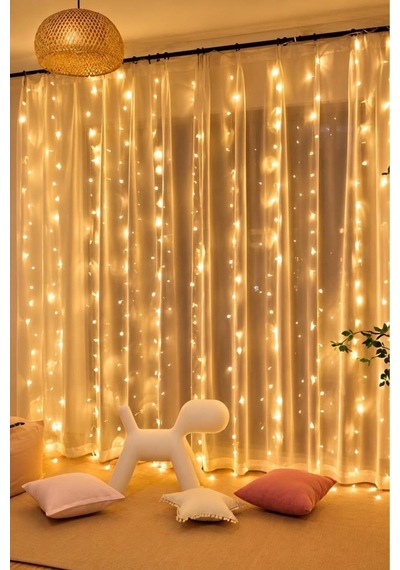 Perde Led Işık 300 Led 10 Sarkıt 8 Modlu Uzaktan Kumandalı 3x3 Metre Peri Telli Lw7 Sarı