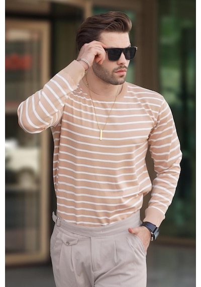 Madmext Camel Bisiklet Yaka Çizgili Kazak 7241 Camel