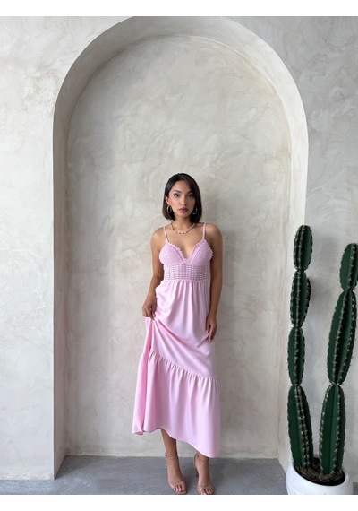 Verymoda Keten Görünümlü Askılı V Yaka Boydan Elbise I D2328 D2328 Pembe