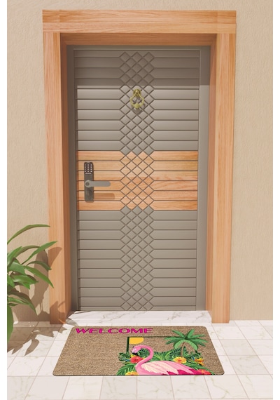 Rugmood Modern Dijtal Baskı Flamingo Welcome Kapı Önü Paspası Kahverengi