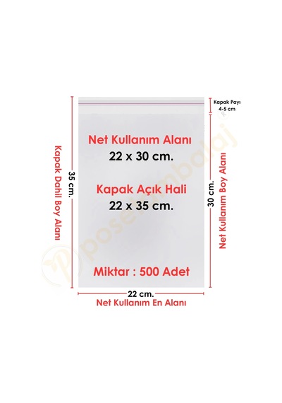 22x30+5 Cm. 22x35 500 Adet Şeffaf Bantlı Yapışkanlı Jelatin Poşet