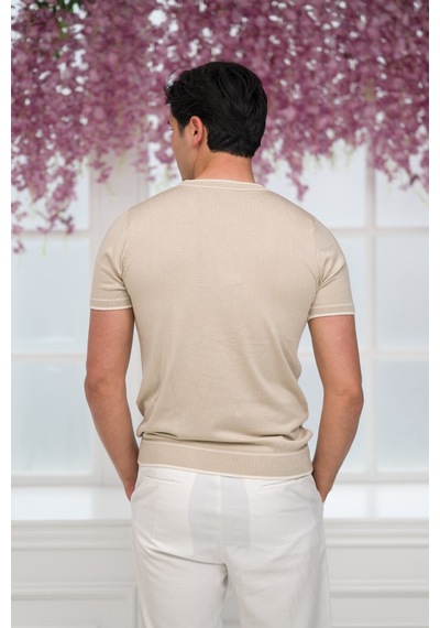 Advante Slimfit Kolları Lastikli Likralı Desenli Bisiklet Yaka Triko T-shirt Krem