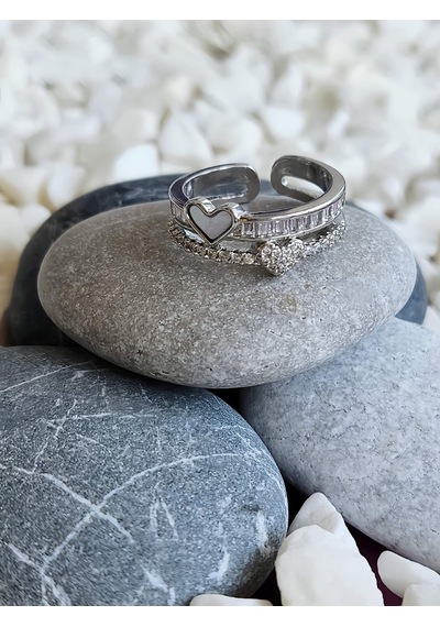 Eva Takı Store İki Sıralı Sedefli Kalp Tam Tur Model Taş Model Ayarlanabilir Silver Renk Çelik Yüzük Silver