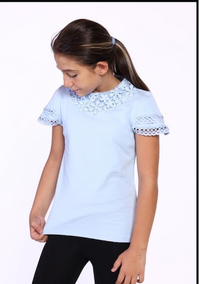 Toontoy Kids Toontoy Kız Çocuk Önü Dantelli Okul Tişört 11315 Mavi