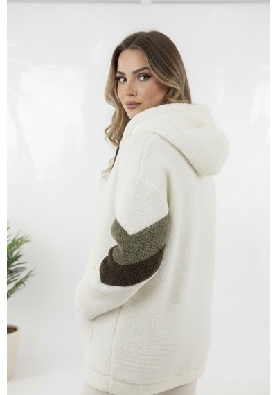 Hiramir Peluş Yeni Sezon Kadın Kolları Şeritli Kolej Mont Ks2577 Beyaz