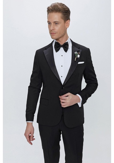 Efor Black 067 Slim Fit Çıkarılabilir Saten Yaka Siyah Damatlık Smokin Takım Siyah