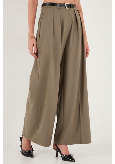 Lela Pileli Wide Leg Yüksek Bel Geniş Paça Kemerli Palazzo Bayan Pantolon 68351070 Karamel