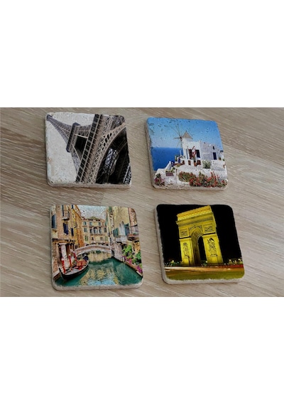 Eyfel Kulesi Santorini Venedik Ve Zafer Takı Doğal Taş Bardak Altlığı 4'lü Set - Natural Stone Coasters - Taş Çok Renkli