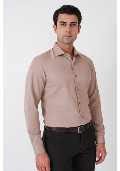 Slim Fit Pamuk Saten Klasik Bej Gömlek Gk 604