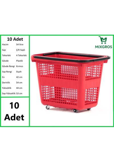 Tekerlekli Plastik Market Alışveriş El Sepeti 54 Litre Kırmızı 10 Adet