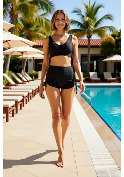 Benerly Kadın Şort Bikini Takımı V Yaka Kolsuz Bralette Üst Yüksek Bel Dü Siyah