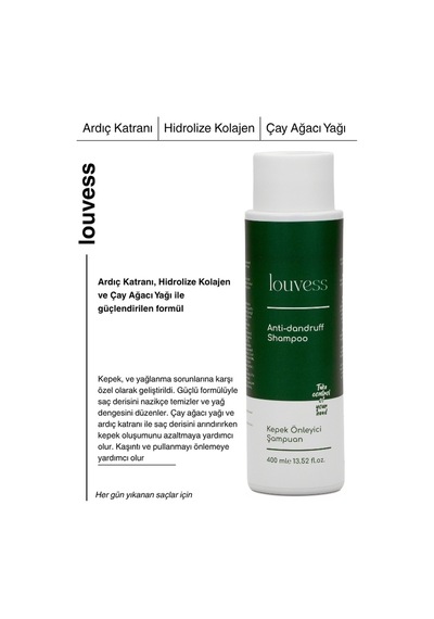 Louvess Kepek Önleyici Şampuan Çay Ağacı ve Ardıç Katranı İle Güçlendirilmiş Kepek Karşıtı Şampuan 400 ML