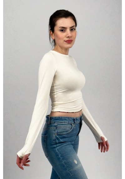Kadın Bisiklet Yaka Parmak Detaylı Spor Body Basic Soft Touch Spor Crop Ekru