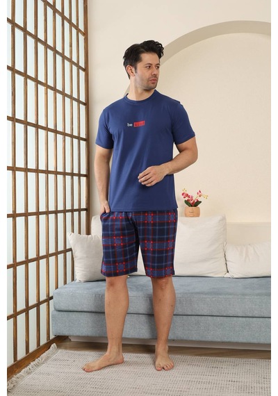 Seboteks %100 Pamuklu Kısa Kollu Cepli Erkek Şortlu Pijama Takımı 2015 İndigo