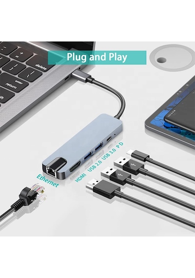 5 İn 1 Usb Hub Sd Usb Type C Hub Ethernet Hdmı Girişli