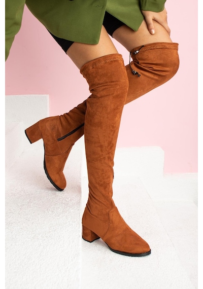 Shoetek Karissa Kadın Çizme Fermuarlı Kalın Topuklu Streçli Taba Süet TABA SÜET