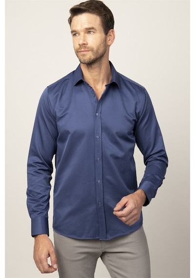 Tudors Modern Slim Fit Düz Saten Erkek Gömlek-23053 Lacivert